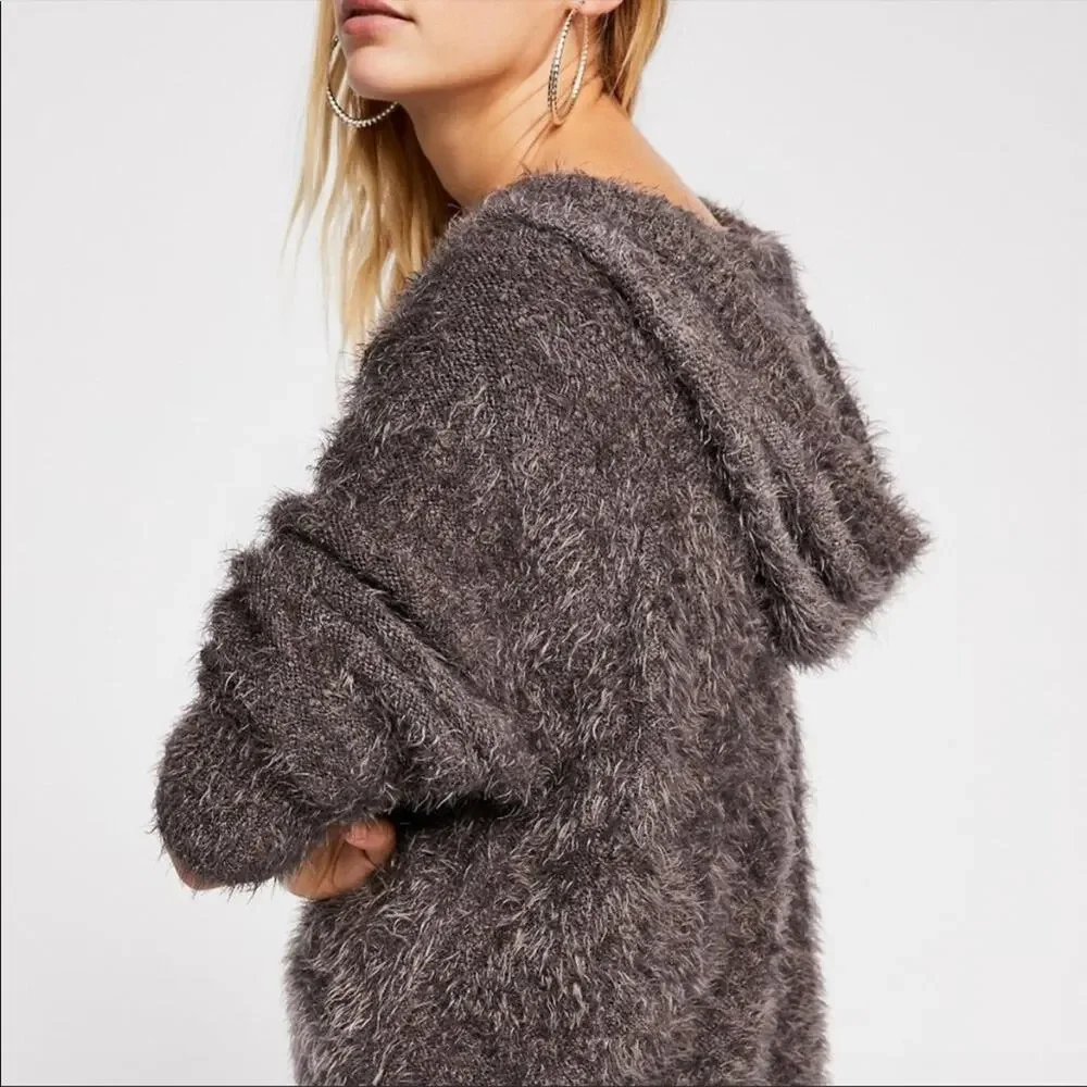 Free people light as a feather fuzzy gray hoodie soft sz XS oversized cut